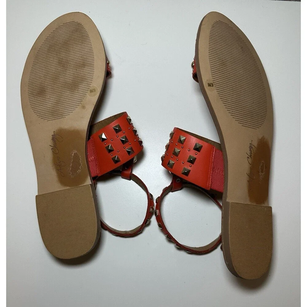 Arturo Chiang‎ Orange Gold Studded Leather Flat Ankle Strap Sandals Women's 9M